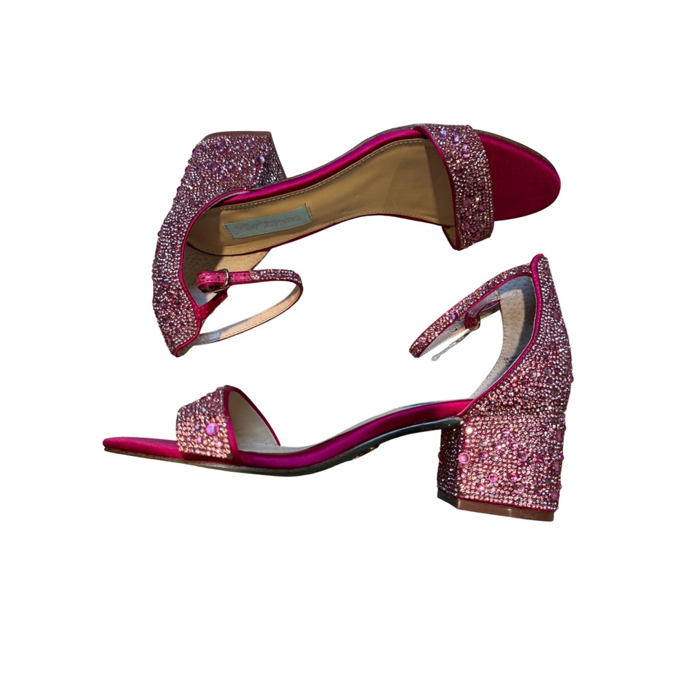 Betsey Johnson SB-MARI Fuchsia Pink Satin Rhinestone Block Heel Sandals Size 8.5 - Picture 5 of 13